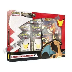 The Pokémon TCG: Celebrations Collection—Lance's Charizard V is a Pokémon card collection that celebrates the 25th anniversary of the Pokémon TCG. The collection includes a foil promo card featuring Lance's Charizard V, an oversize card featuring Lance's Charizard V, four Pokémon TCG: Celebrations 4-card booster packs, two additional Pokémon TCG booster packs, and one information sheet. The collection also includes a code card for the Pokémon Trading Card Game Online.